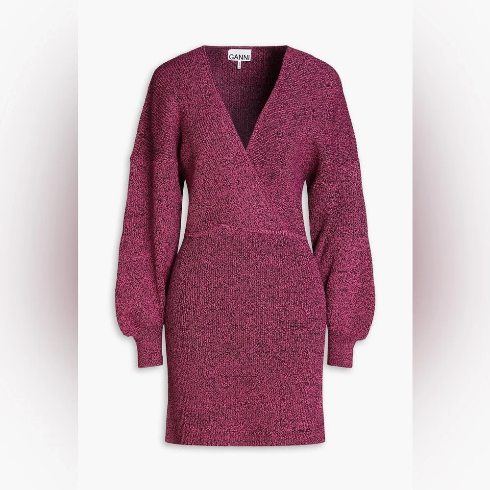 GANNI Melange Knit V-Neck Dress in Carmine Rose Size M - Picture 13 of 14